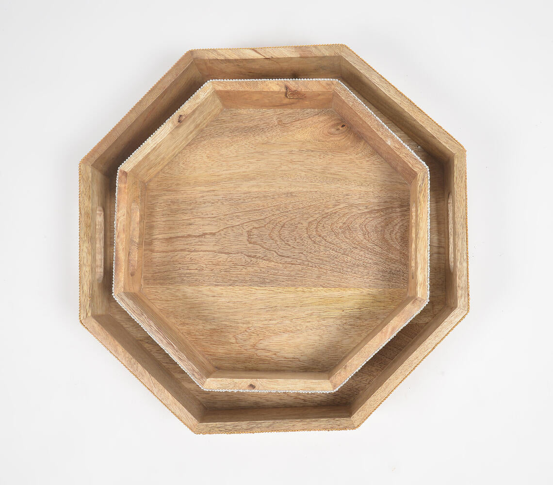 Sandy beaded Mango Wood Hexagonal Trays (set of 2)