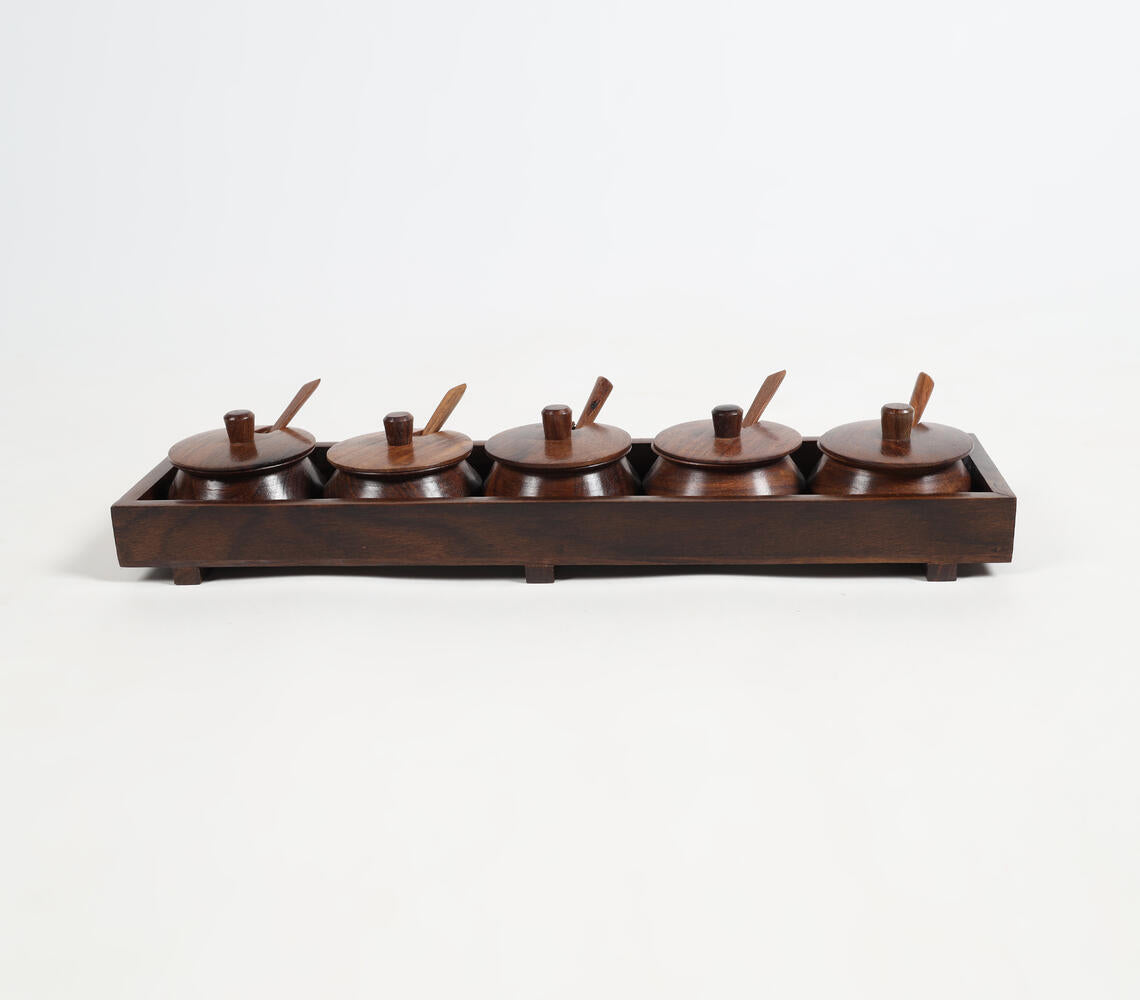 Turned Rosewood Set of 5 Condiment Pots & Spoons with Tray