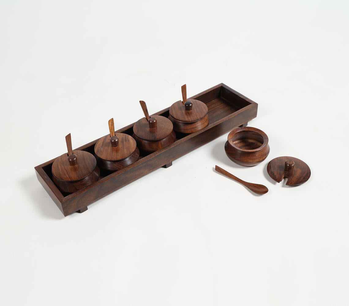 Turned Rosewood Set of 5 Condiment Pots & Spoons with Tray