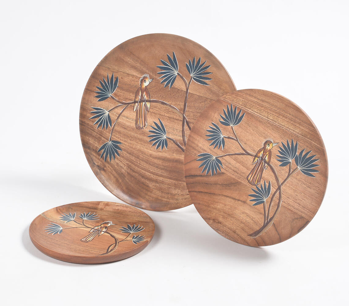 Hand Painted Acacia Wood Bird Trays (Set of 3)