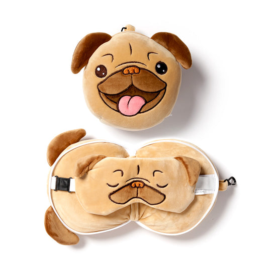 Mopps Pug Relaxeazzz Plush Round Travel Pillow  and  Eye Mask Set