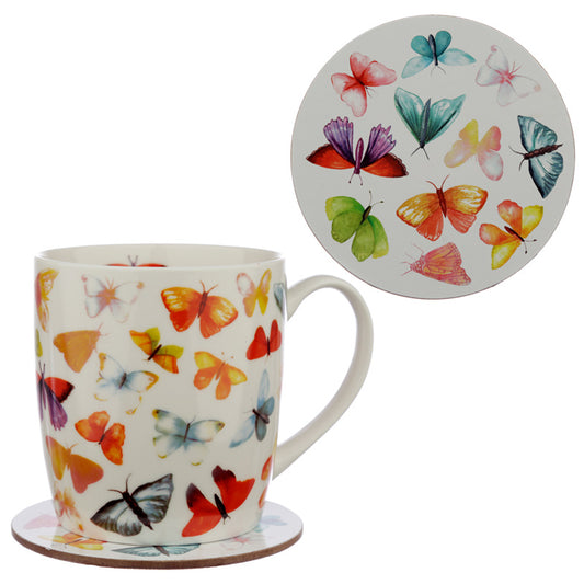Porcelain Mug and Coaster Gift Set - Butterfly House