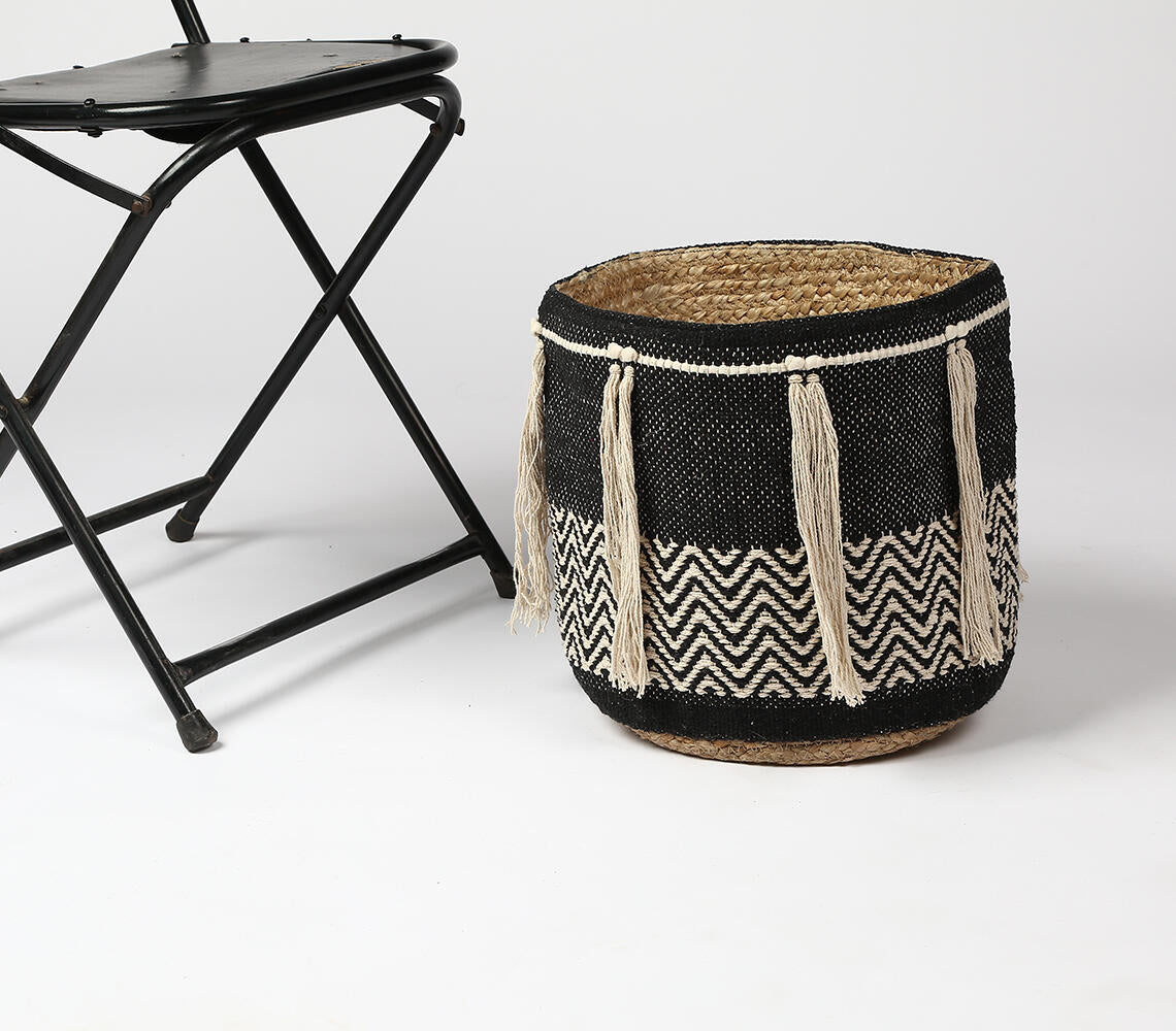 Handwoven Tasseled Black Storage Basket