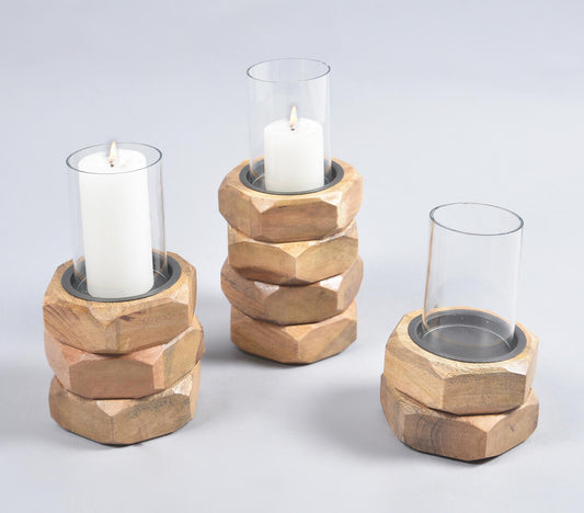 Hand Carved Stacked Mango Wood & Glass Candle Holders (Set of 3)