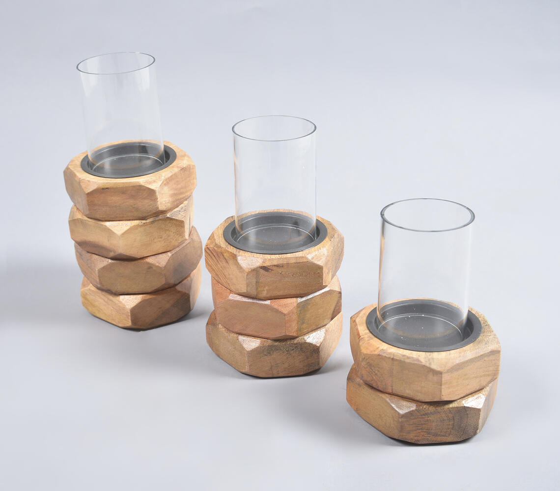 Hand Carved Stacked Mango Wood & Glass Candle Holders (Set of 3)