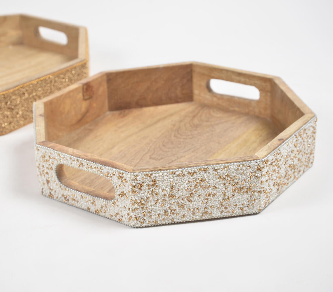 Sandy beaded Mango Wood Hexagonal Trays (set of 2)